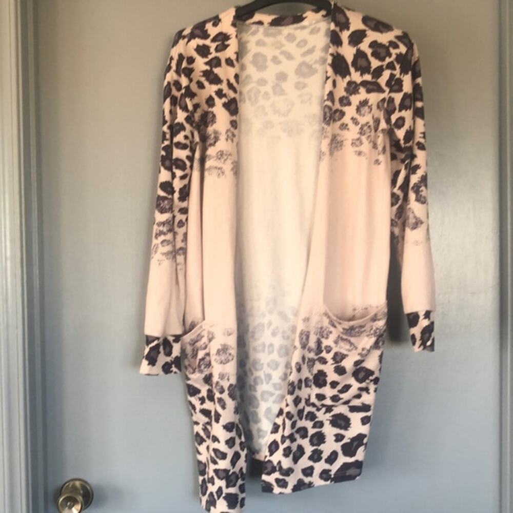 Tickled Teal Sz Small Open Duster Cardigan Long Sleeve Leopard Pockets